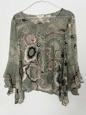 Boho Floral Print Blouse Sage Green Flowy Top Small Papier Anthropology Style